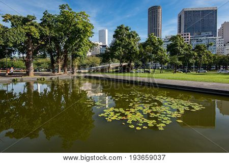View of Rio de Janeiro Downtown Buildings Reflected in Water Pond