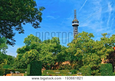 Petrin Observation Tower And Gardens On Petrin Hill. Prague, Czech Republic.