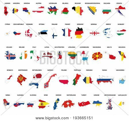 all Europe countries maps mixed with flags