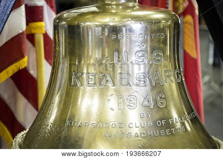 Ship Tour USS Kearsarge (LHD 3) Wasp-class amphibious assault ship: Brass bell presented to the ship in 1946 on display. Fleet Week NEW YORK MAY 25 2017.