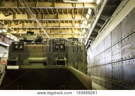 Ship Tour USS Kearsarge (LHD 3) Wasp-class amphibious assault ship: U.S. Marine Corp AAVP7A1 RAM/RS amphibious assault vehicle, well deck. Fleet Week NEW YORK MAY 25 2017.
