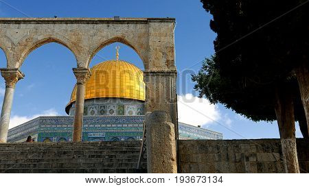 Dome of the Rock in Jerusalem over the Temple Mount. Golden Dome is the most known mosque and landmark in Jerusalem and sacred place for all muslims.