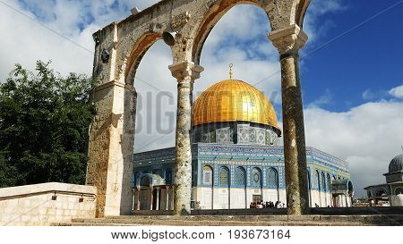 Dome of the Rock in Jerusalem over the Temple Mount. Golden Dome is the most known mosque and landmark in Jerusalem and sacred place for all muslims.