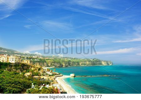 beautiful view of the public beach in Tropea sothern Italy. Calabria