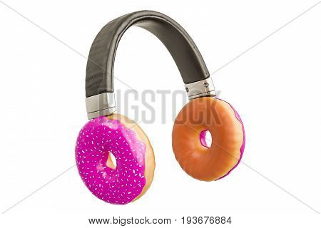 Headphones with pink donuts sweet music concept. 3D rendering isolated on white background