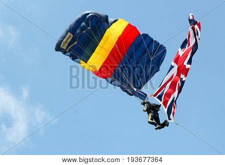 Sandhurst, Surrey, Uk - June 18Th 2017: Parachutist Of The Rlc Silver Stars Parachute Display Team C