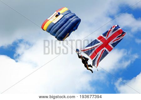 Sandhurst, Surrey, Uk - June 18Th 2017: Parachutist Of The Rlc Silver Stars Parachute Display Team C