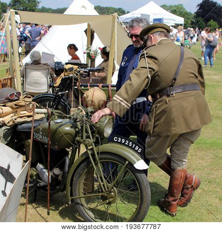 Sandhurst, Surrey, Uk - June 18Th 2017: Enthusiasts Discussing Vintage British Army Motorbikes At Th