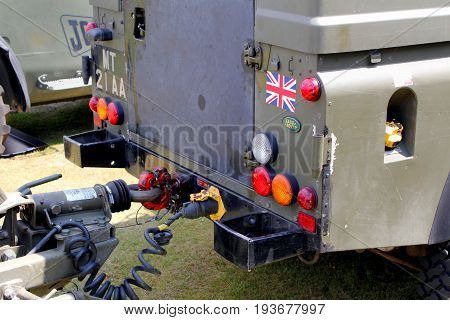 Sandhurst, Surrey, Uk - June 18Th 2017: Close Up Of Rear Of A British Army Landrover Showing Trailer
