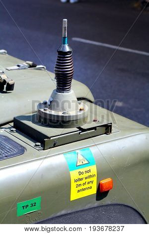 Sandhurst, Surrey, Uk - June 18Th 2017: Close Up Of Radio Aerial Or Antenna On The Front Of A Britis