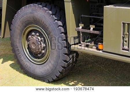 Sandhurst, Surrey, Uk - June 18Th 2017: Close Up Of Continental Tyre Fitted To British Army Man Truc