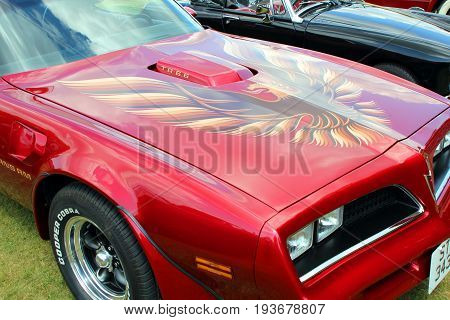 Sandhurst, Surrey, Uk - June 18Th 2017: Bonnet Of A Pontiac Firebird Trans Am Ta  6.6 At An Auto Or