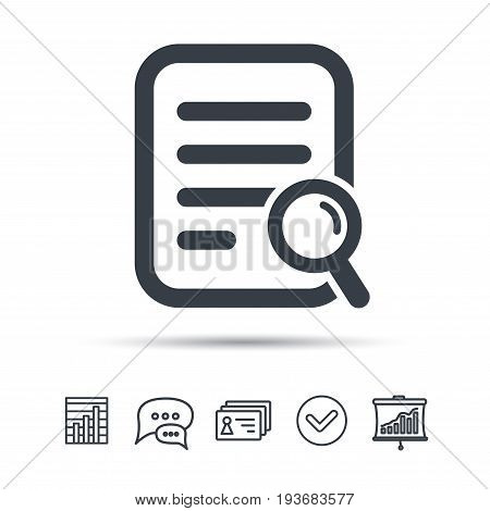 File search icon. Document page with magnifier tool symbol. Chat speech bubble, chart and presentation signs. Contacts and tick web icons. Vector