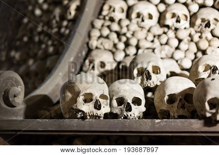 Human bones and skulls in Ossuary. Kostnice Church in Kutna Hora Czech republic.