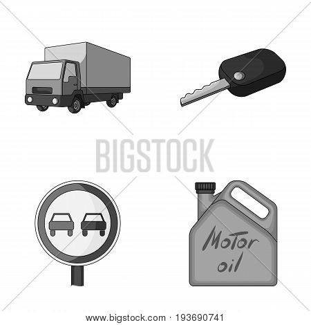 Truck with awning, ignition key, prohibitory sign, engine oil in canister, Vehicle set collection icons in monochrome style vector symbol stock illustration .