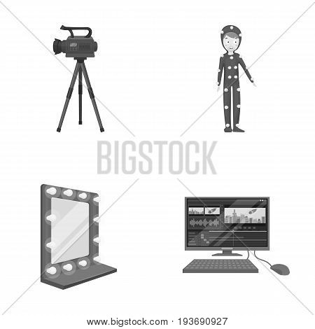 A movie camera, a suit for special effects and other equipment. Making movies set collection icons in monochrome style vector symbol stock illustration .