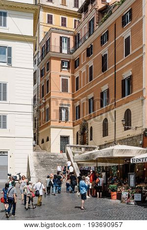 Rome Italy - August 18 2016: Tourists in Square of Mignanelli in the historical centre of Rome a sunny summer day