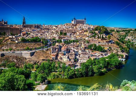 Aerial top view of Toledo, historical capital city of Spain in spring