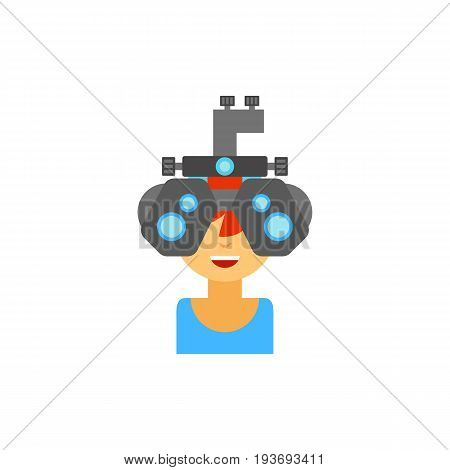 Icon of optometrist at work. Cheerful doctor, medicine, examining. Oculist concept. Can be used for topics like profession, optometry or ophthalmalgia