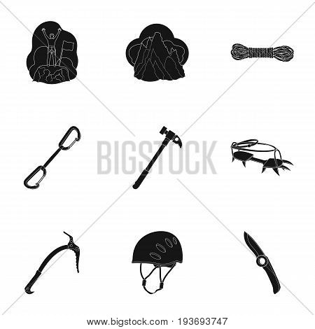 Ice ax, conquered top, mountains in the clouds and other equipment for mountaineering.Mountaineering set collection icons in black style vector symbol stock illustration .