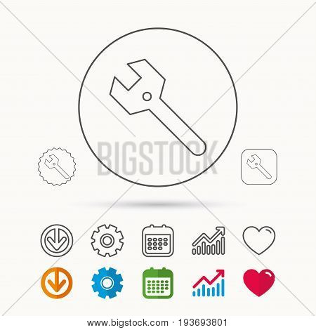 Wrench key icon. Repair fix tool sign. Calendar, Graph chart and Cogwheel signs. Download and Heart love linear web icons. Vector