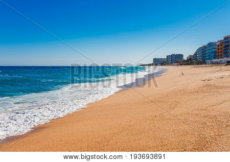 Sea Landscape In Blanes, Catalonia, Spain Near Of Barcelona. Scenic Town With Nice Sand Beach And Cl