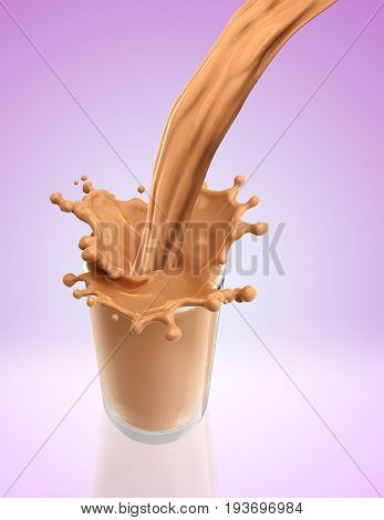 Splash of chocolate milk from the glass .Pink background. 3d rendering