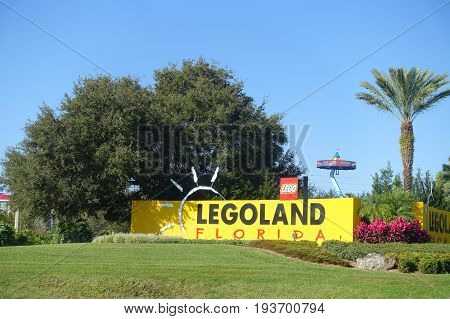 HOUSTON, USA - JANUARY 12, 2017: Legoland sign in the main entrance to Legoland. Legoland is a theme park based on the popular LEGO brand of building toys.