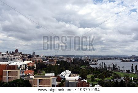 Panoramic view of Newcastle from Fort Scratchley (NSW Australia). Christ Church Cathedral in the background on the left side Hunter River on the right side.