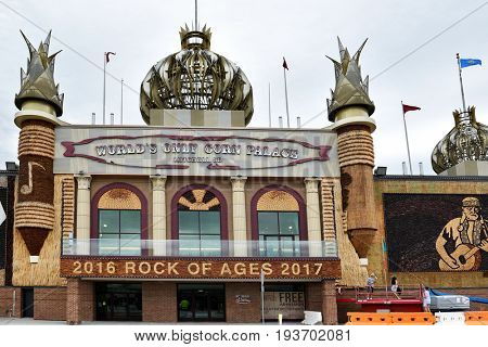 MITCHELL, SOUTH DAKOTA - JUNE 22, 2017: The Corn Palace. Built in 1892 as a way for farmers to display their bounty. It is annually covered with new murals.