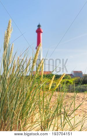 Lighthouse red and white at the French west beach