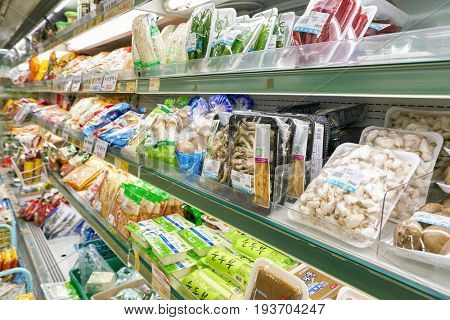 SEOUL, SOUTH KOREA - CIRCA MAY, 2017: inside a grocery store in Seoul. CU is a convenience store franchise chain in South Korea.