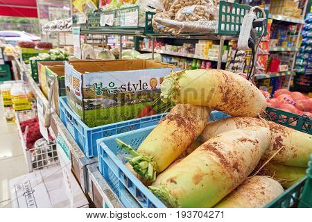 SEOUL, SOUTH KOREA - CIRCA MAY, 2017: inside a grocery store in Seoul. CU is a convenience store franchise chain in South Korea.