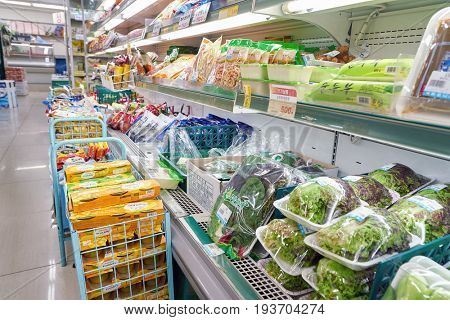 SEOUL, SOUTH KOREA - CIRCA MAY, 2017: inside a grocery store in Seoul. CU is a convenience store franchise chain in South Korea.