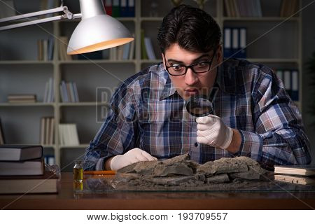 Archeologist working late night in office