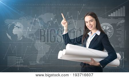 Building, Developing, Consrtuction And Architecture Concept - Smiling Woman In Suit With Blueprint A