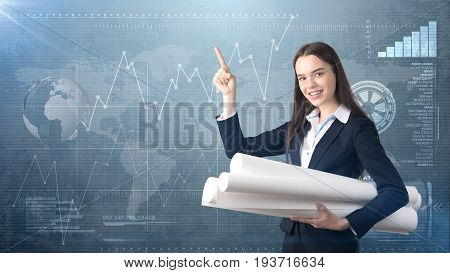 Building, Developing, Consrtuction And Architecture Concept - Smiling Woman In Suit With Blueprint A