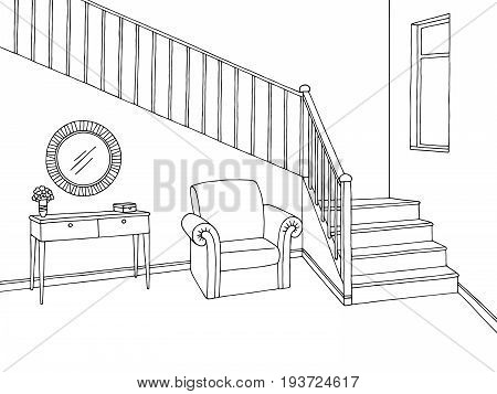 Hallway graphic stairs black white interior sketch illustration vector
