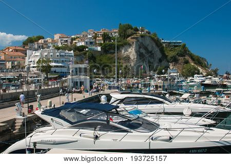 NUMANA, ITALY - JULY 1, 2017: Seascape view of Numana harbor, Monte Conero, Italy