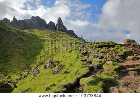 View of the Storr cliffs, walk to the Old Man of Storr, Isle of Skye, Highlands, Scotland, UK