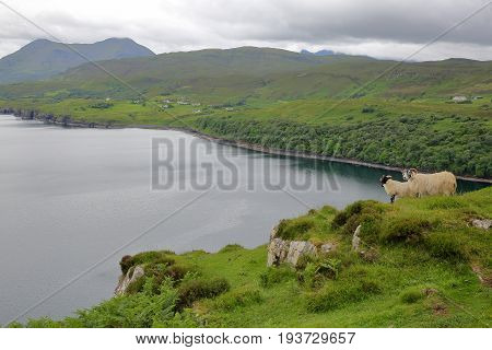 View from the mountain Ben Tianavaig towards Tianavaig Bay, Isle of Skye, Highlands, Scotland, UK
