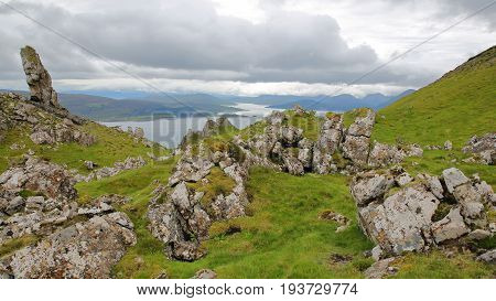 View from the mountain Ben Tianavaig towards the South, Isle of Skye, Highlands, Scotland, UK