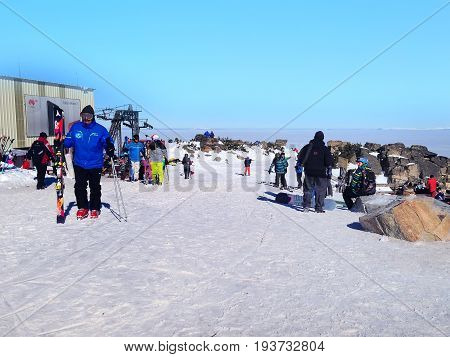 Borovets, Bulgaria - January 30, 2017: Panorama of winter mountains, ski slopes in bulgarian alpine ski resort Borovets