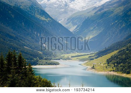 Awesome image of the Durlassboden reservoir. Location municipality of Gerlos in Zillertal valley, Austrian states of Tyrol and Salzburg. Reichenspitz range, High Tauern National Park. Beauty world.