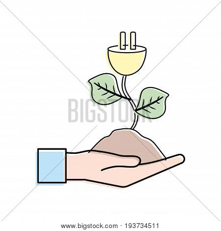 hand with power cable plant with leaves and ground vector illuctration