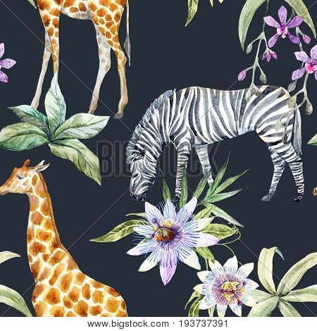 Beautiful seamless pattern with tropical flowers and wild zebra and giraffe