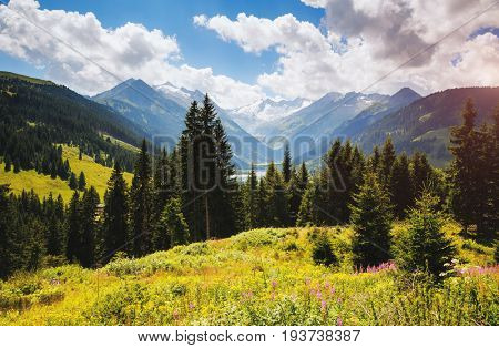 Awesome image of the Durlassboden reservoir. Location municipality of Gerlos in Zillertal valley, Austrian states of Tyrol and Salzburg. Reichenspitz range, High Tauern National Park. Beauty world.