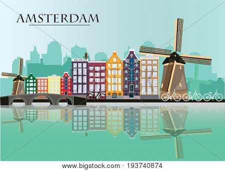 Amsterdam city skyline. Flat style vector illustration.