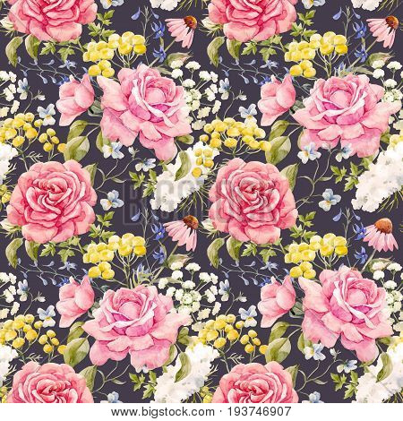 Beautiful vector seamless pattern with hand drawn watercolor roses and other flowers