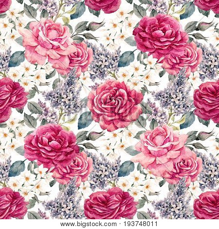 Beautiful vector seamless pattern with hand drawn watercolor roses and other flowers